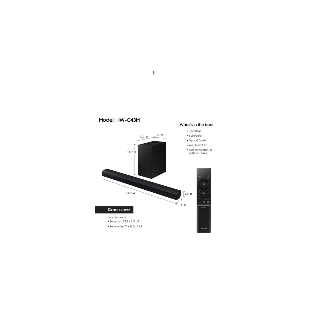 Samsung 2.1Ch 210W Soundbar with Wireless Subwoofer Black HW-C43M